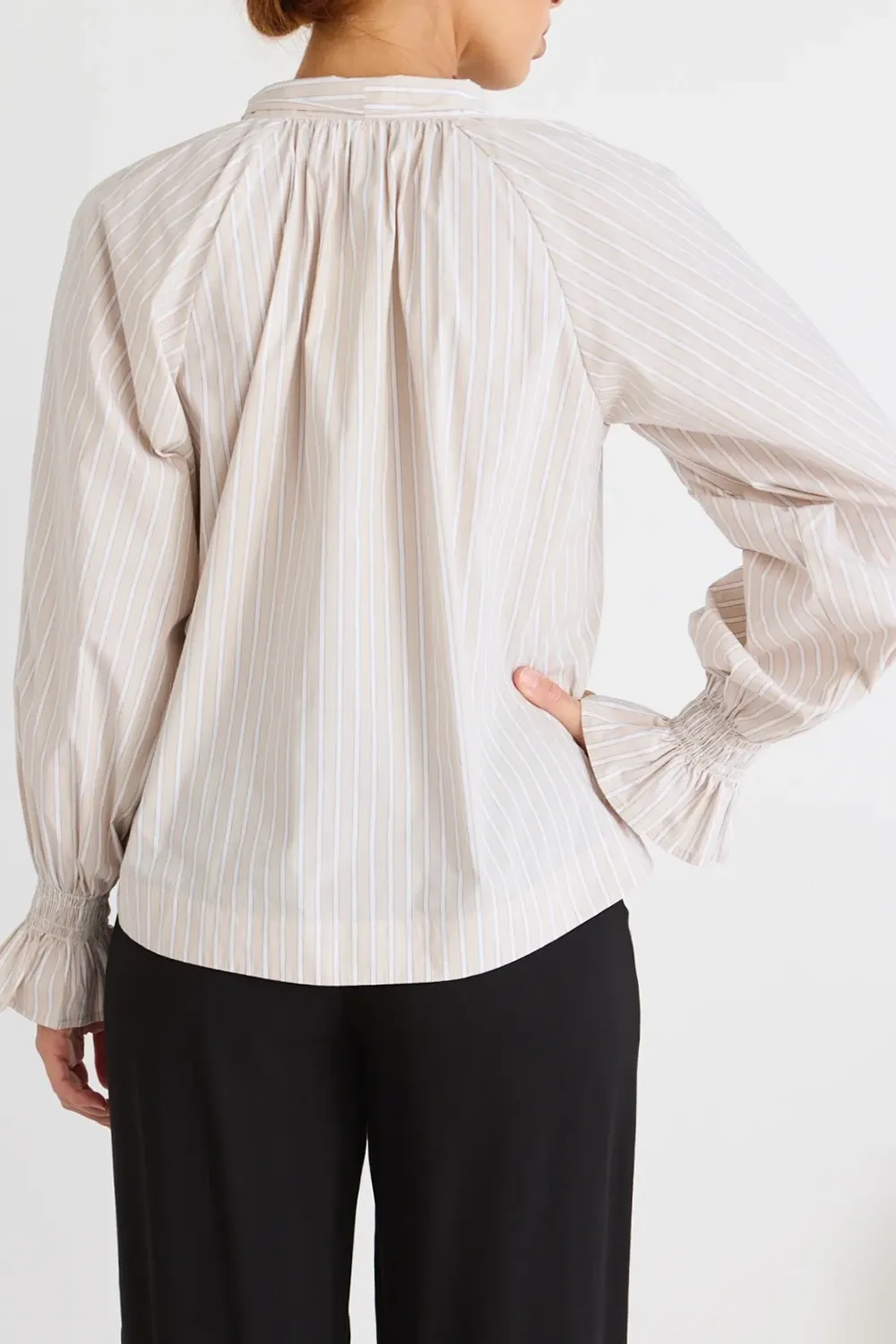 Compassion Ecru Stripe Poplin Tie Front Blouse