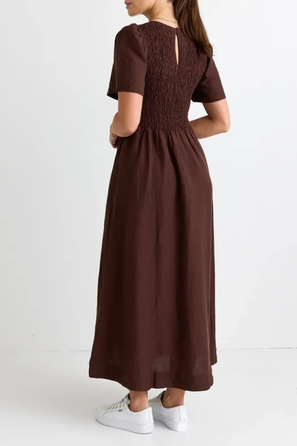 Wren Chocolate Linen Blend SS Shirred Bodice Midi Dress