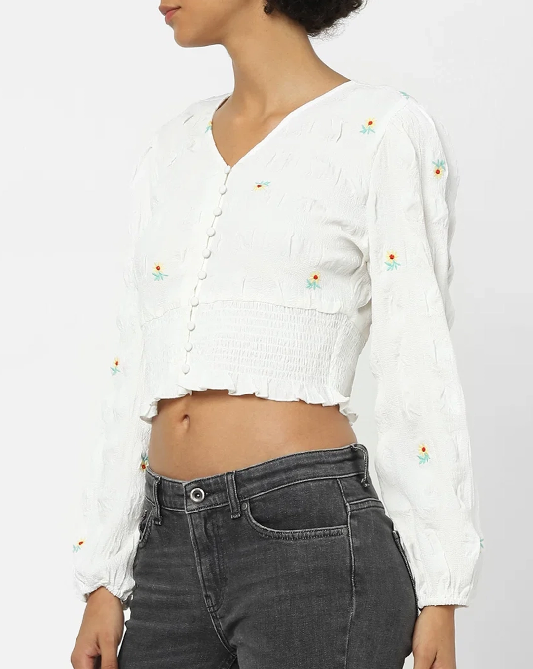 White Embroidered Cropped Top