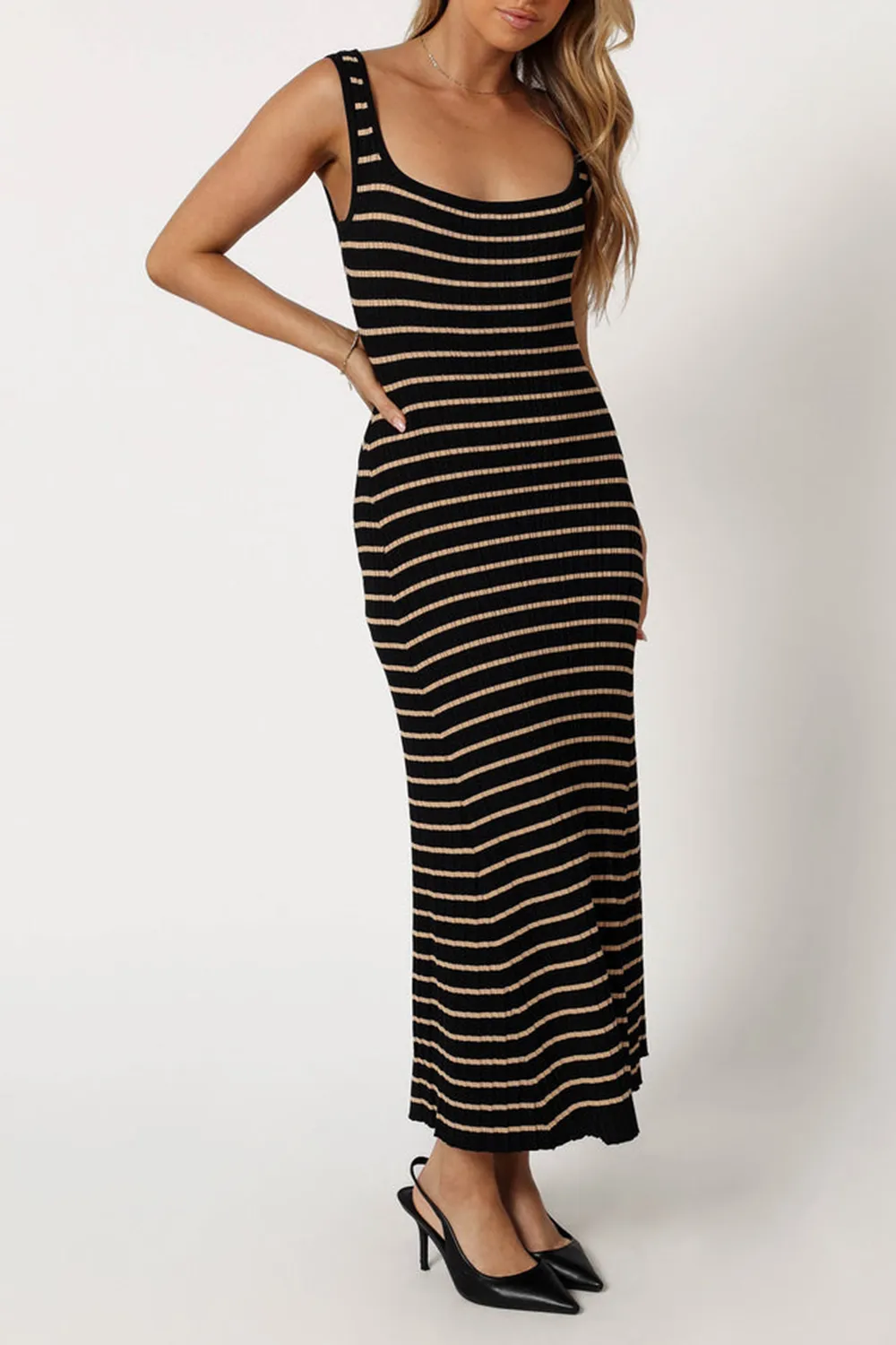 HENRY STRIPED MIDI DRESS - BLACK BEIGE