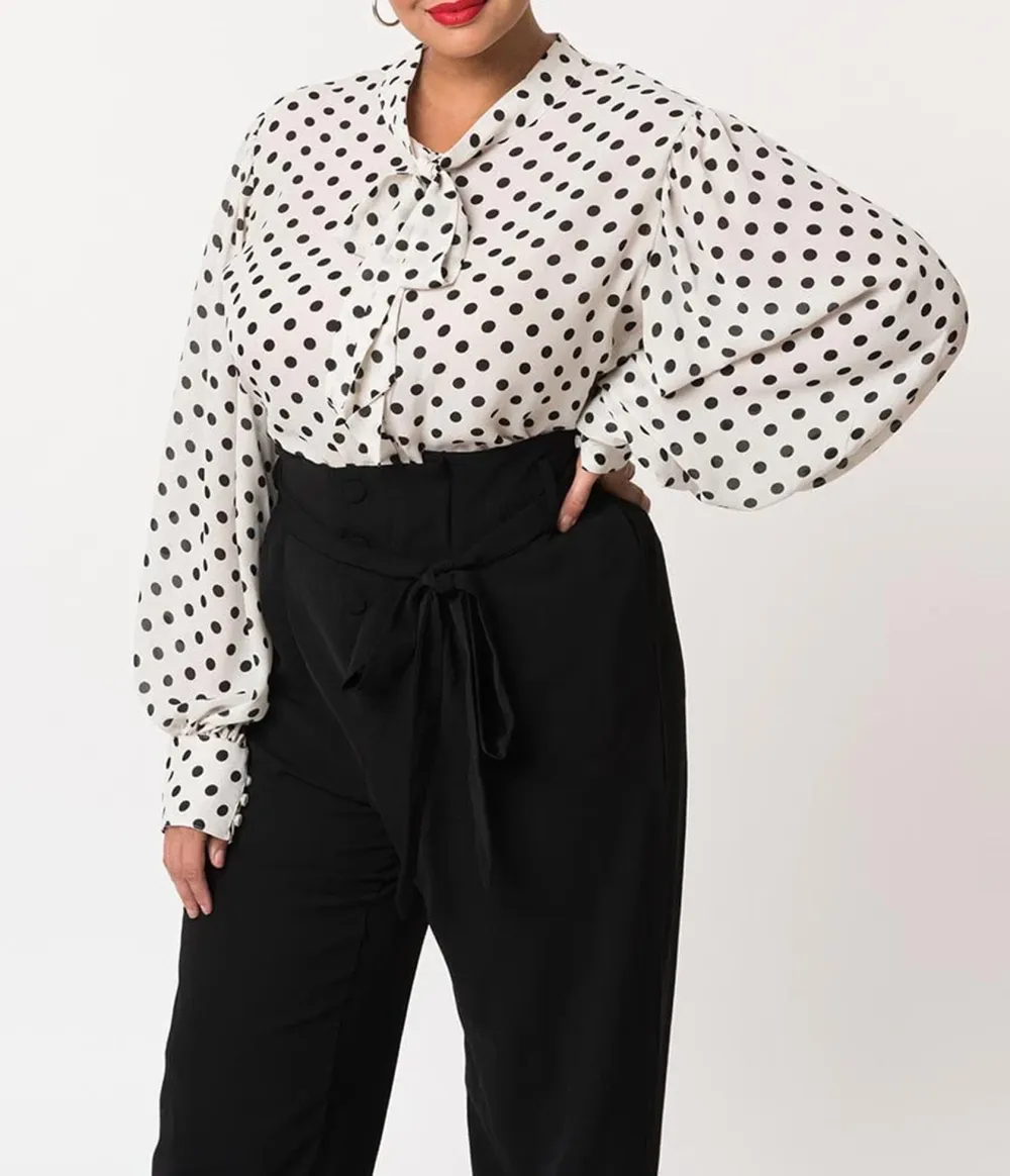 Unique Vintage Plus Size White And Black Polka Dot Neck Tie Gwen Blouse