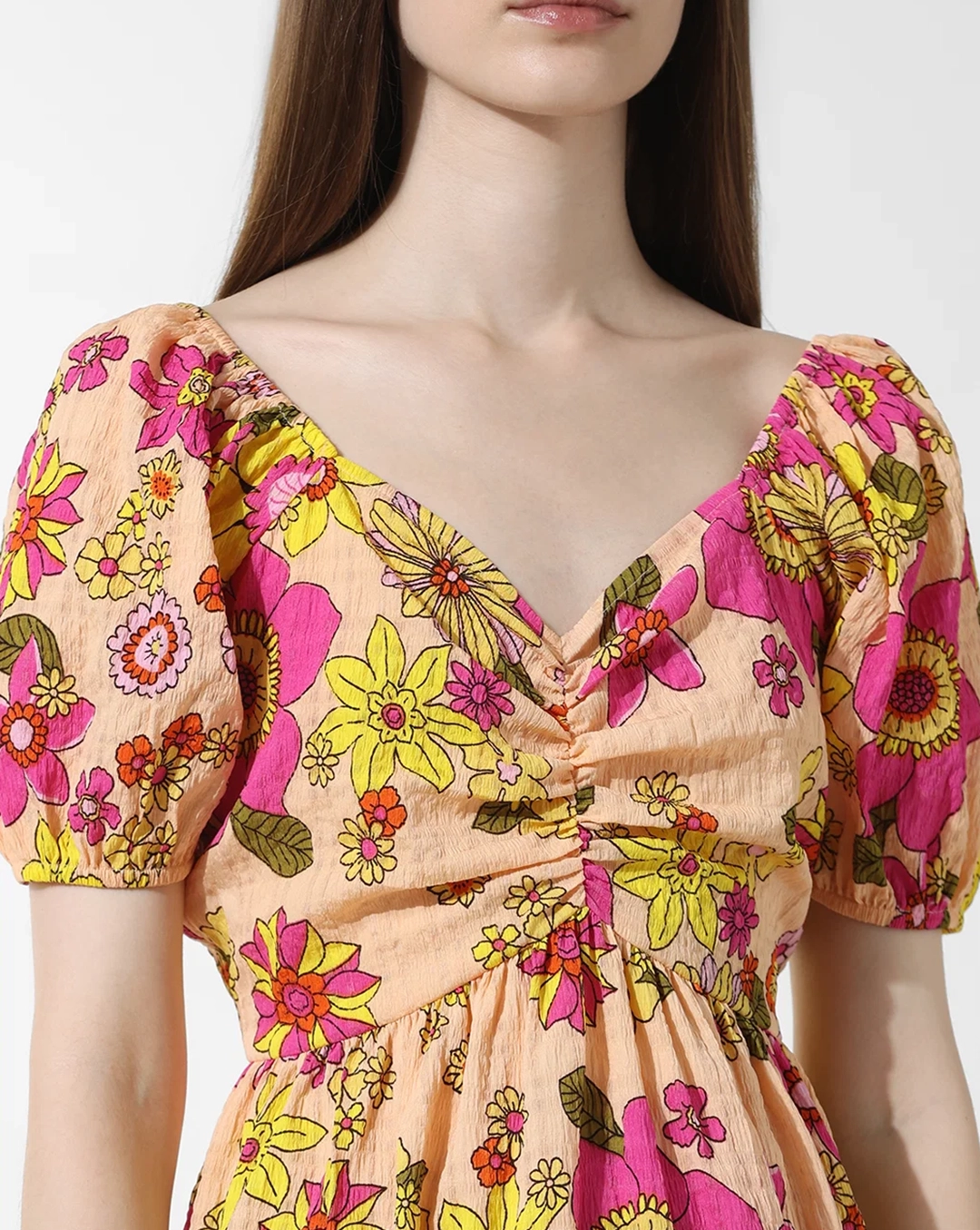 Peach Floral Print Puff Sleeves Dress