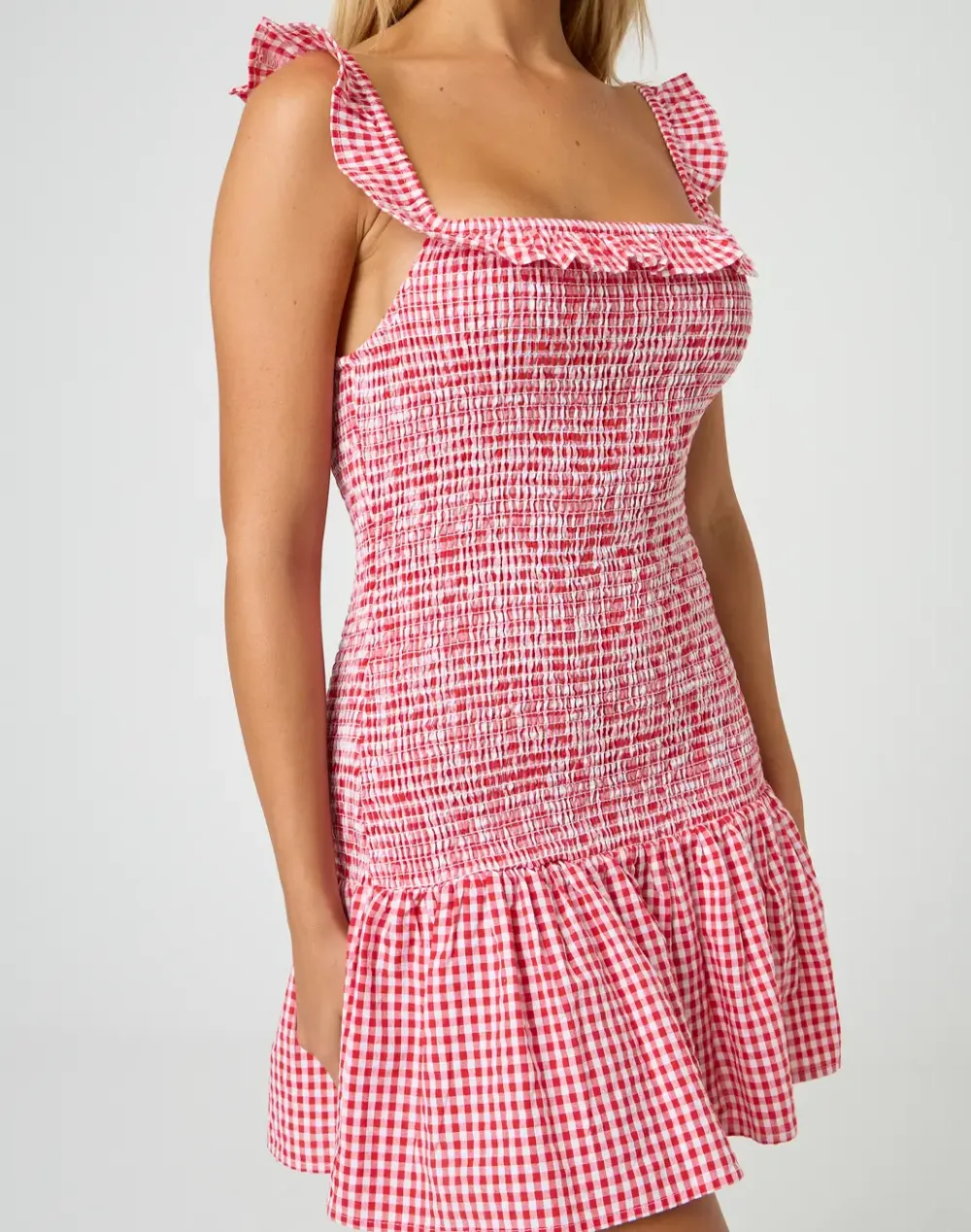 Shirred Gingham Mini Dress