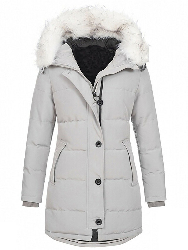 Women's Parka Puffer Jacket Winter Coat Zip up Hooded Coat with Fur Collar Thermal Warm Heated Coat Fall Outerwear with Pockets Classic Long Sleeve Black White