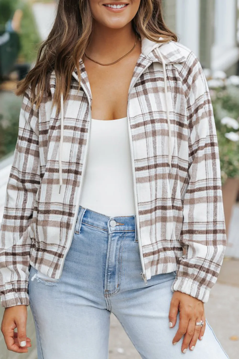 Brown Plaid Hooded Zip Up Jacket