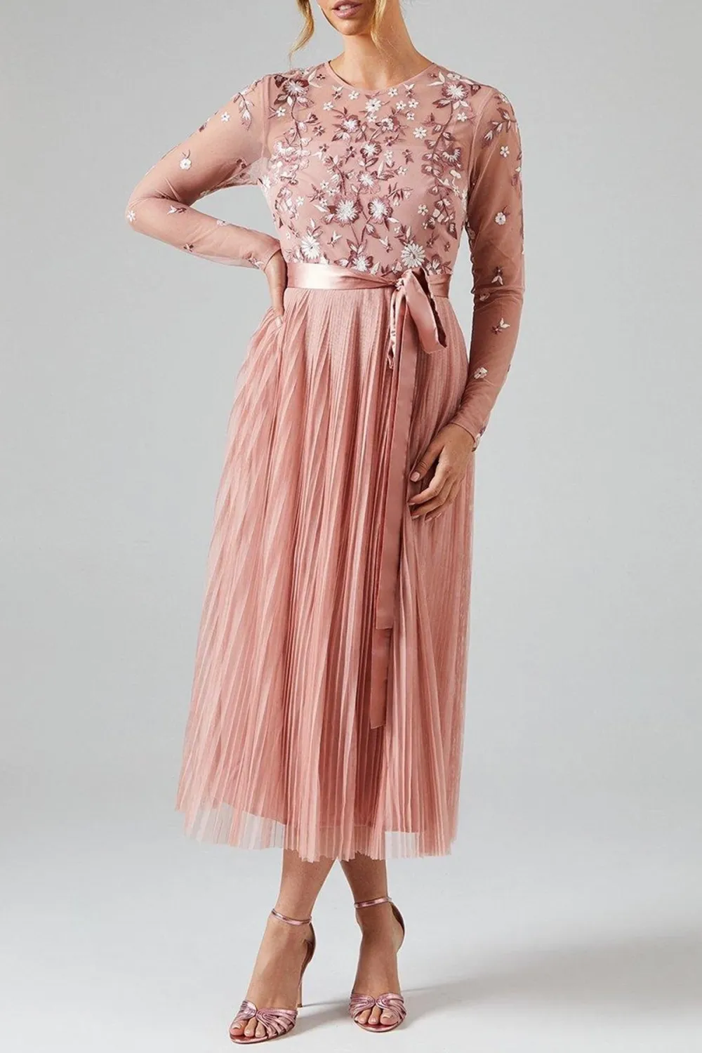 Embroidered Floral Bodice Pleated Bridesmaids Midi Dress