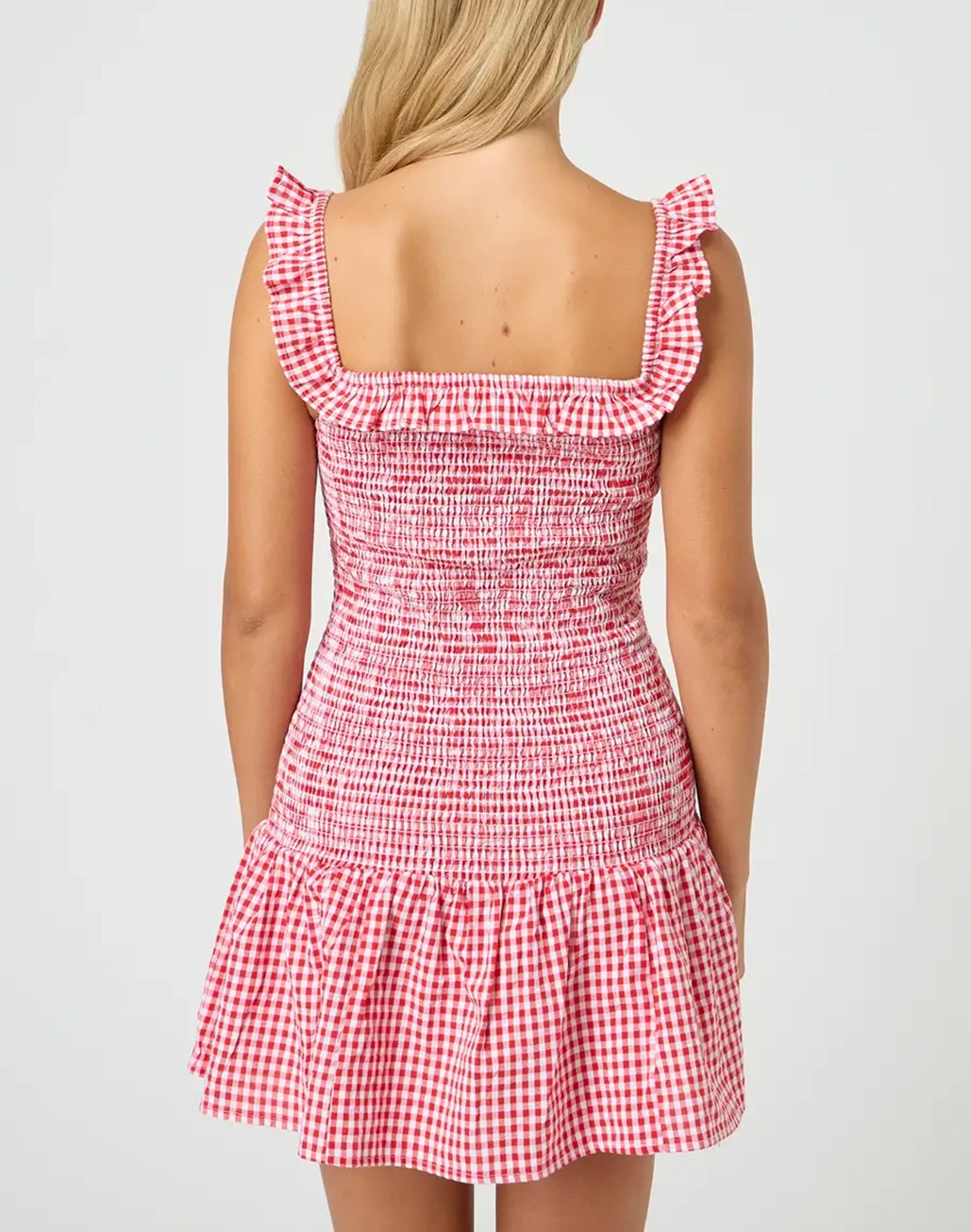 Shirred Gingham Mini Dress