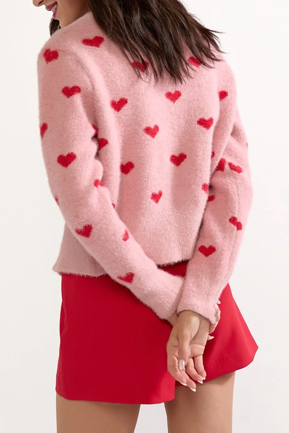 Lilly Fuzzy Heart Pattern Short Cardigan