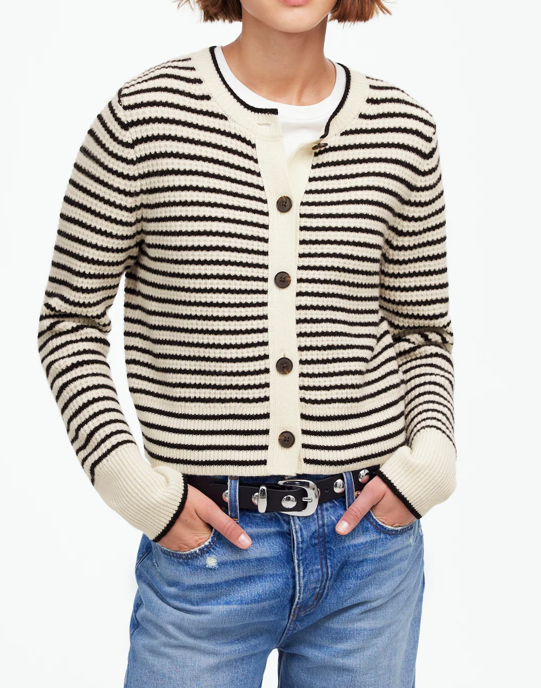 Waffle-Knit Wool Cardigan in Stripe