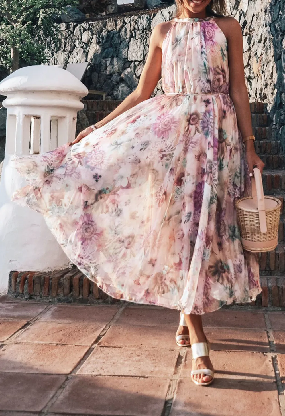 SUNFLOWER BLOSSOM WATERCOLOR CHIFFON MAXI SLIP DRESS