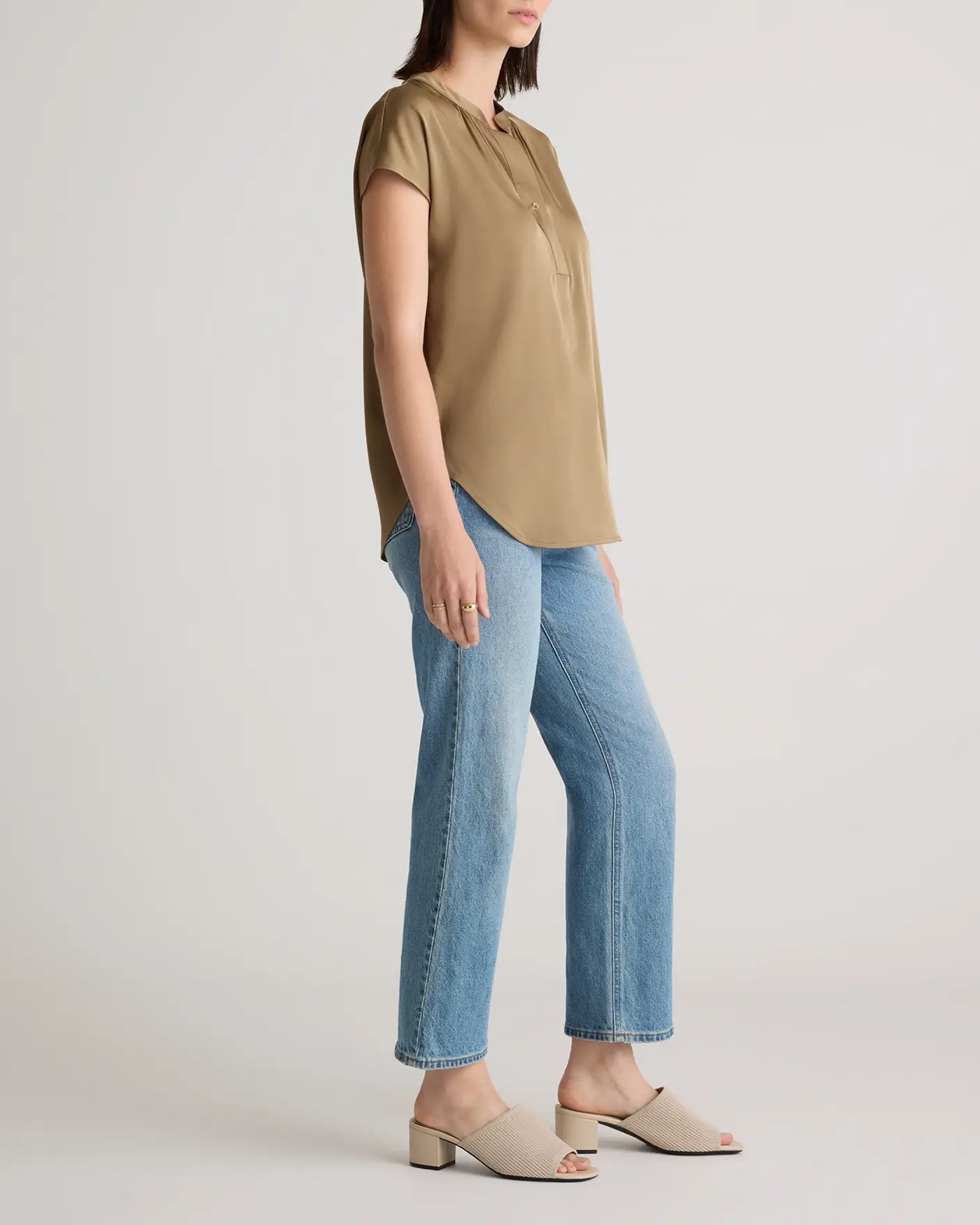 Short Sleeve Washable Stretch Silk Dolman Sleeve Blouse