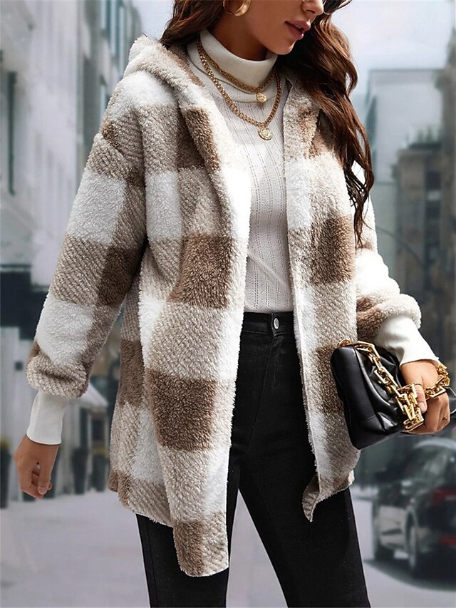 Women's Fleece Jacket Teddy Coat Hoodie Jacket Warm Breathable Street Daily Wear Vacation Going out Pocket Fleece Lined Open Front Hoodie Casual Street Style Stripes and Plaid Regular Fit Outerwear
