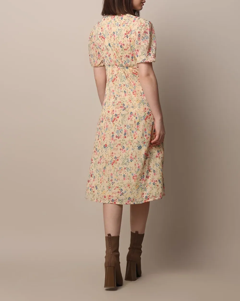 Beige Floral Midi Dress