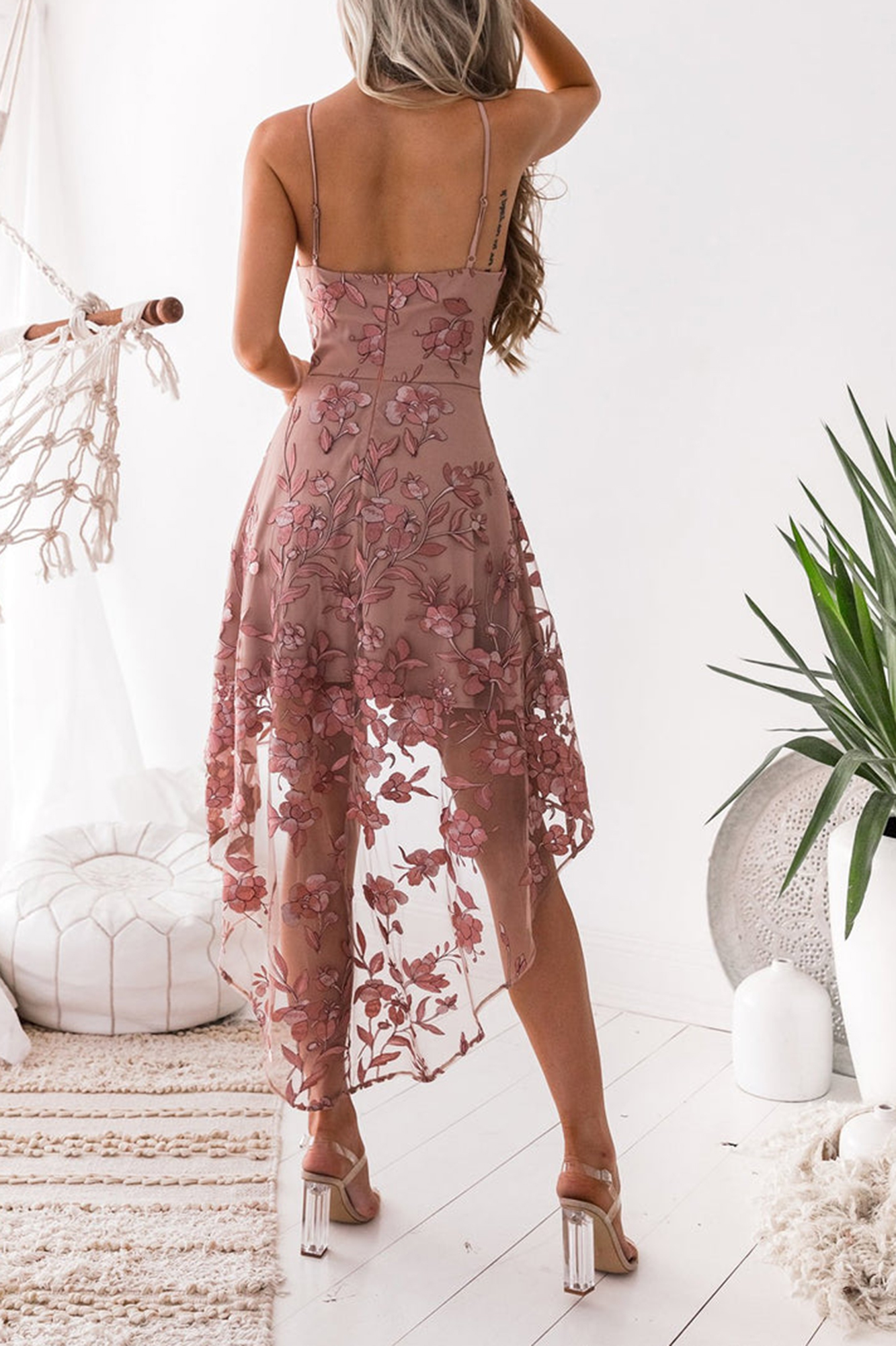 Embroidery Rose High Low Dress