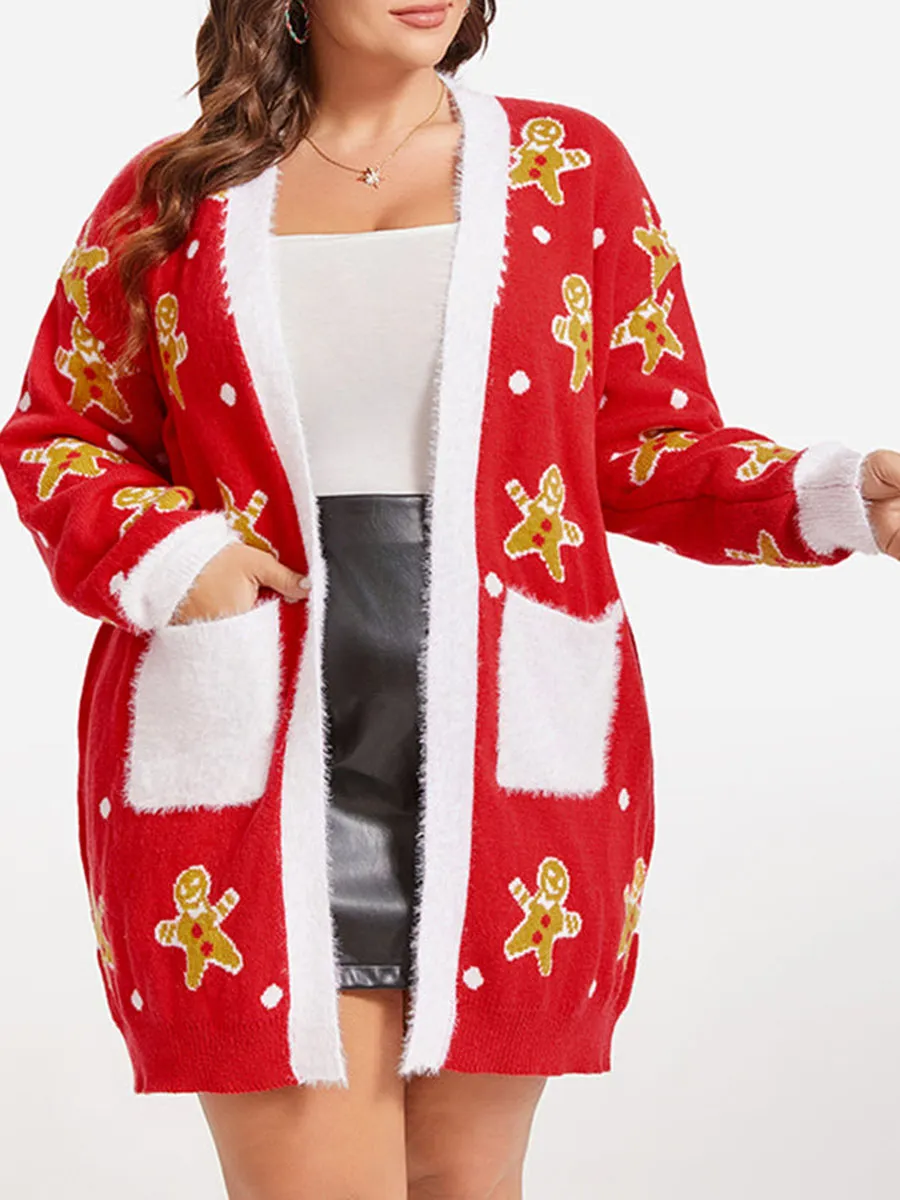 Christmas Print Contrast Trim Dual Pocket Cardigan