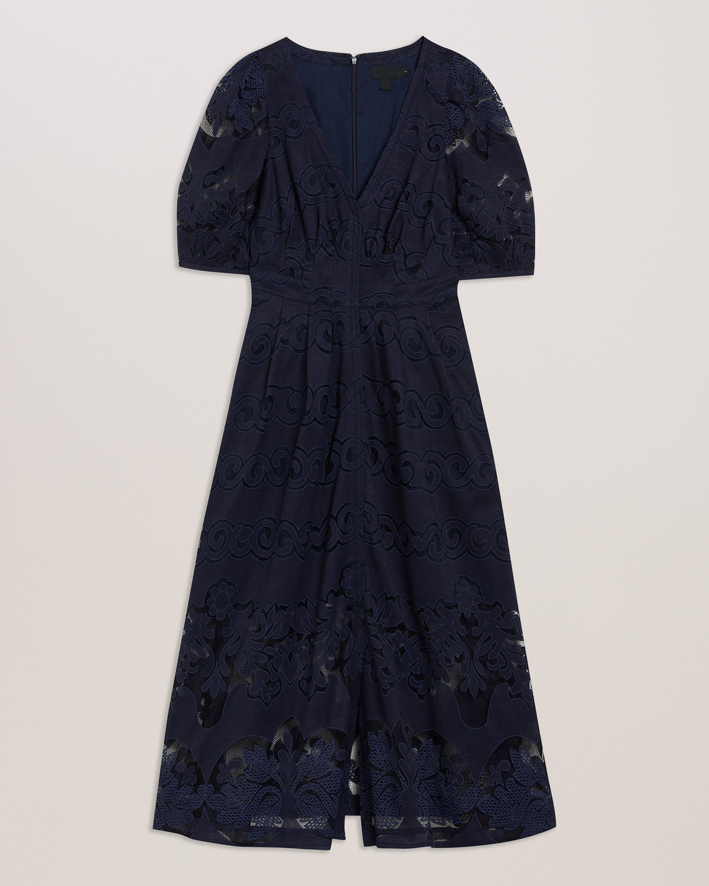 Agnel Lace Puff Sleeve Midi Dress Navy