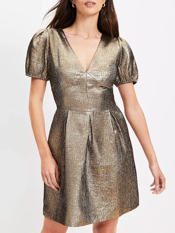 Metallic Jacquard V-Neck Mini Flare Dress