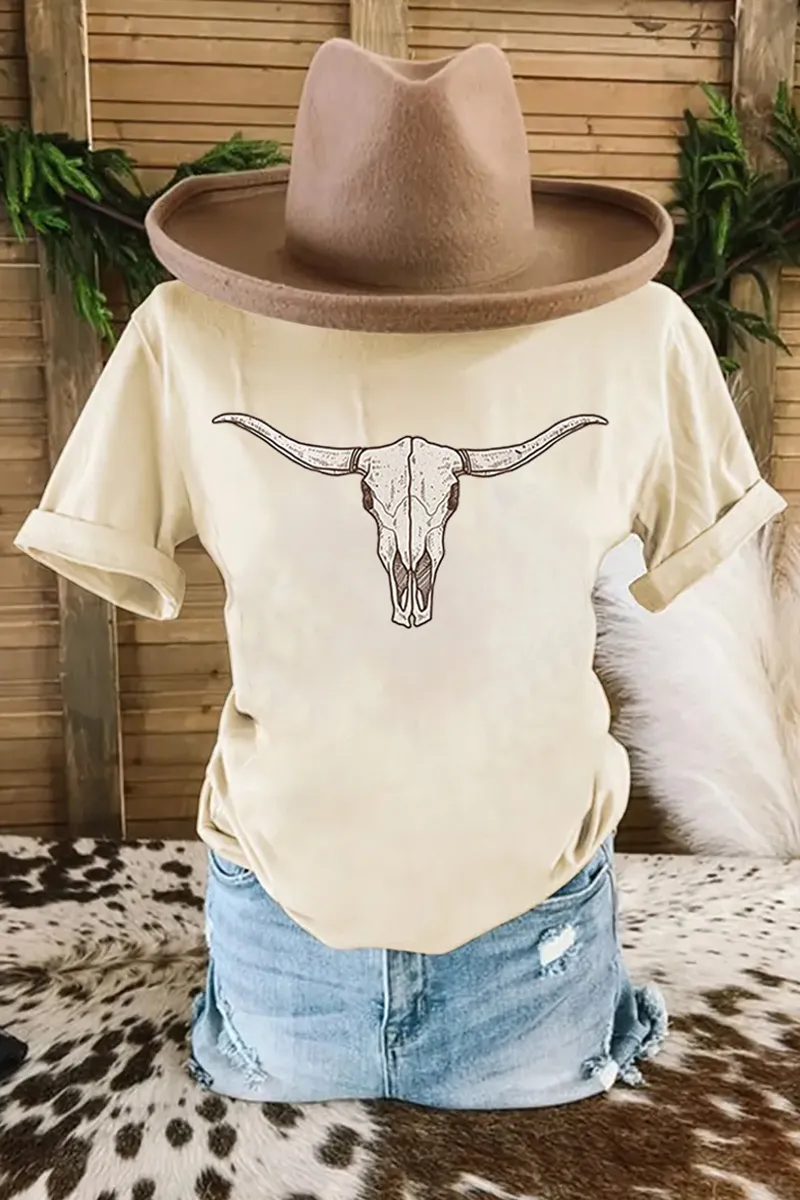 Retro Western style Cow Head Pattern T-shirt