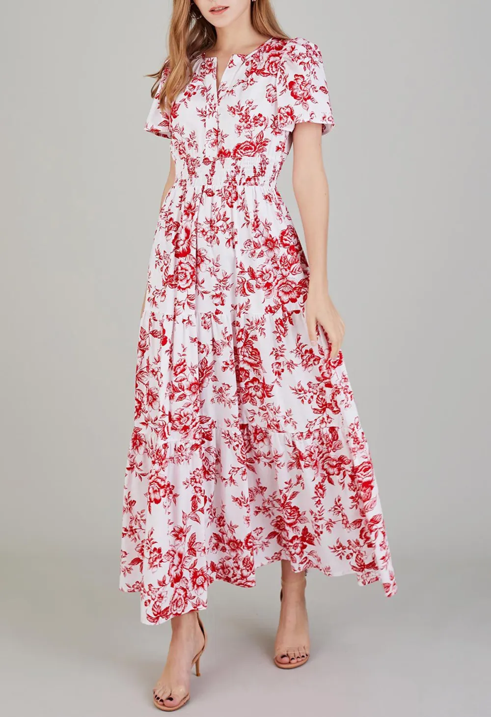 EBULLIENT RED FLOWER PRINTED MAXI DRESS