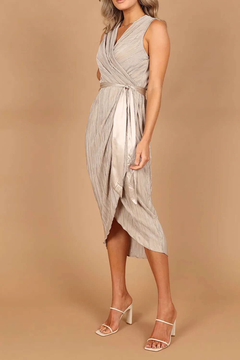 POITRE PLEATED WRAP MIDI DRESS - CHAMPAGNE