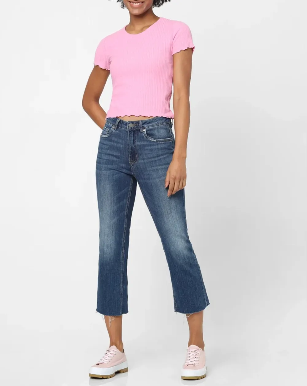 Pink Ribbed Cropped T-shirt