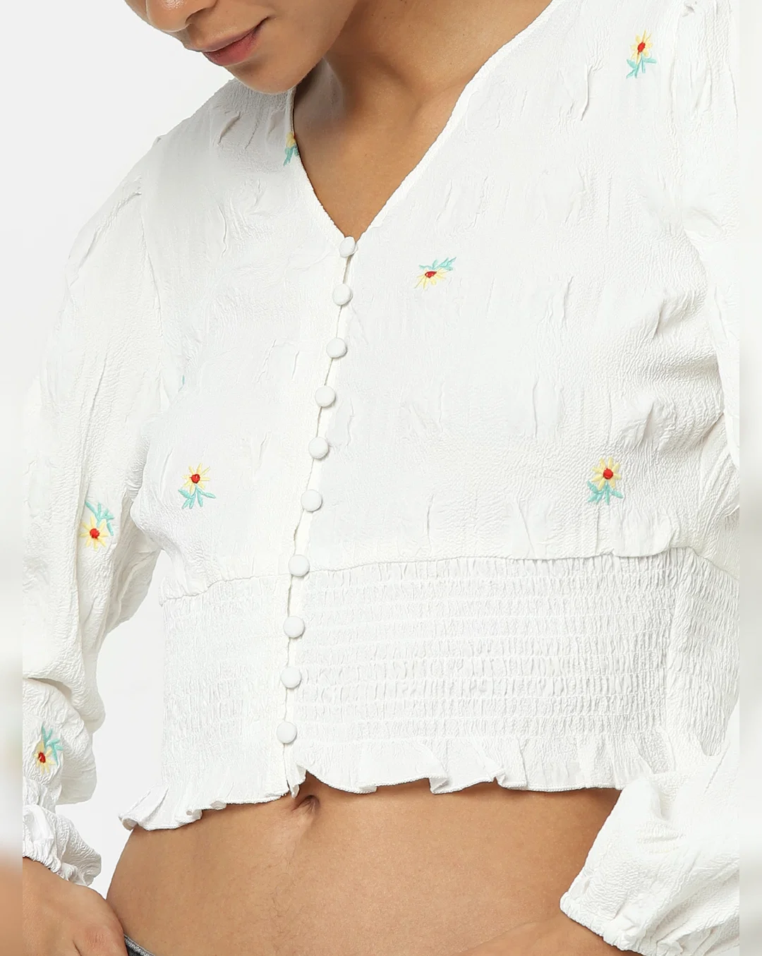 White Embroidered Cropped Top