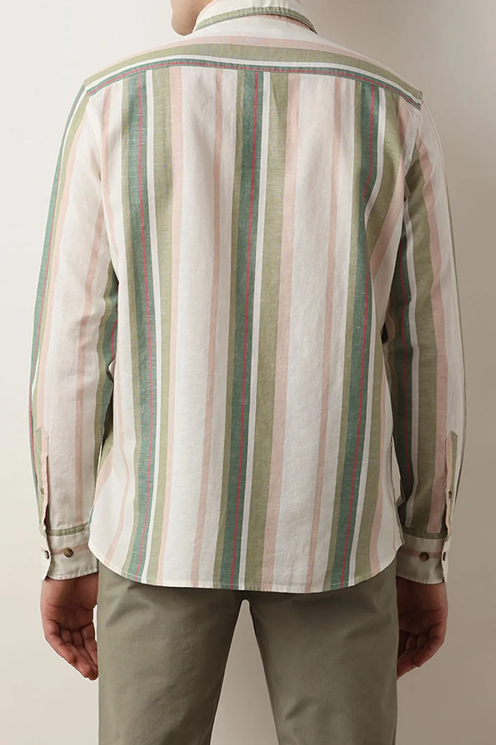 Beige Striped Linen Full Sleeves Shirt