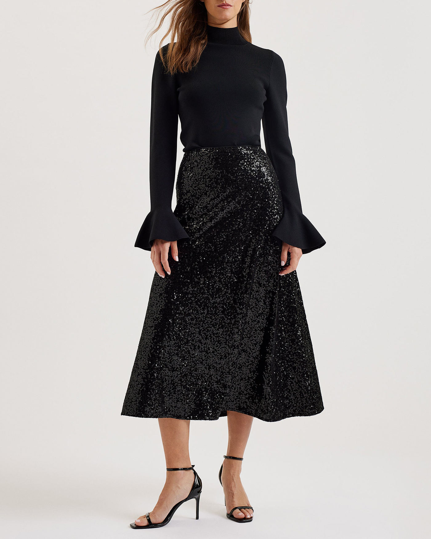 Lusa Sequin Bias Cut Midi Skirt Black