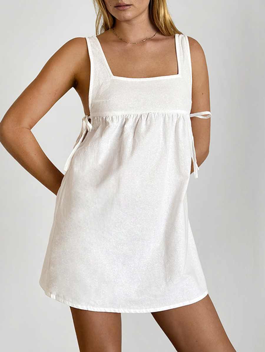 Kawase Tie Side Mini Dress In Linen White