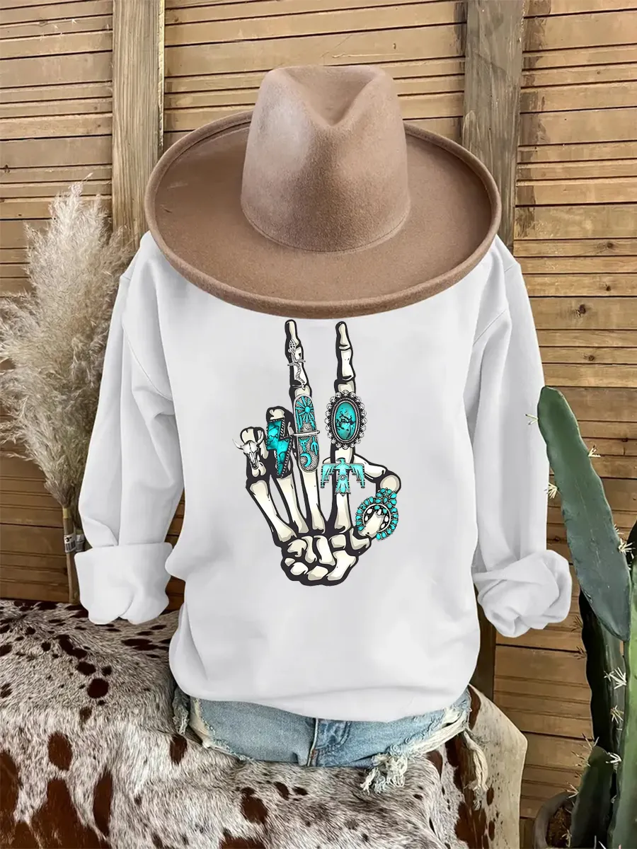 Wild West, Skeleton Palm Printed Round Neck Sweatshirt