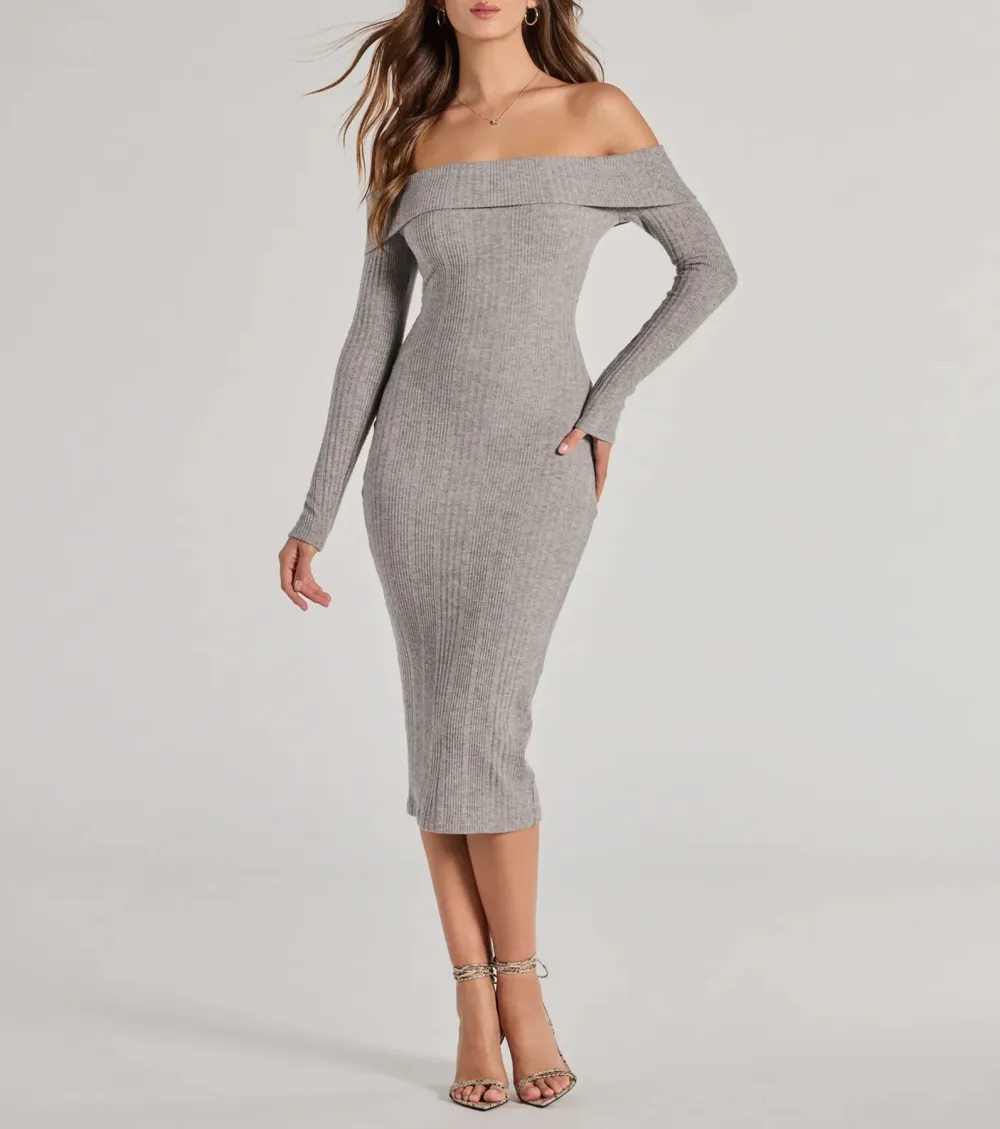 Perfect Curves Ribbed Knit Off-The-Shoulder Midi Dress