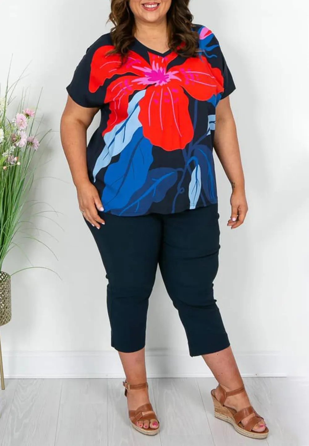 Navy and Red Floral Top