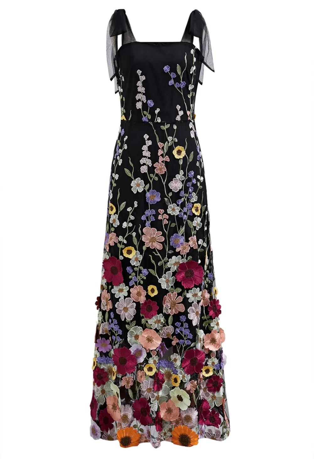 3D FLORAL APPLIQUE TIE-STRAP MESH TULLE MAXI DRESS IN BLACK