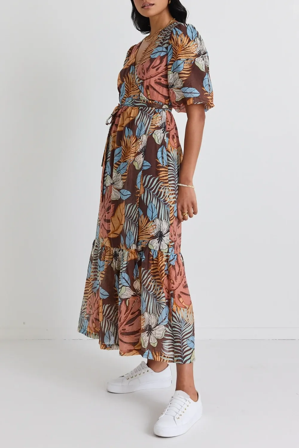 Ocean Tropical Chocolate Print SS Wrap Midi Dress