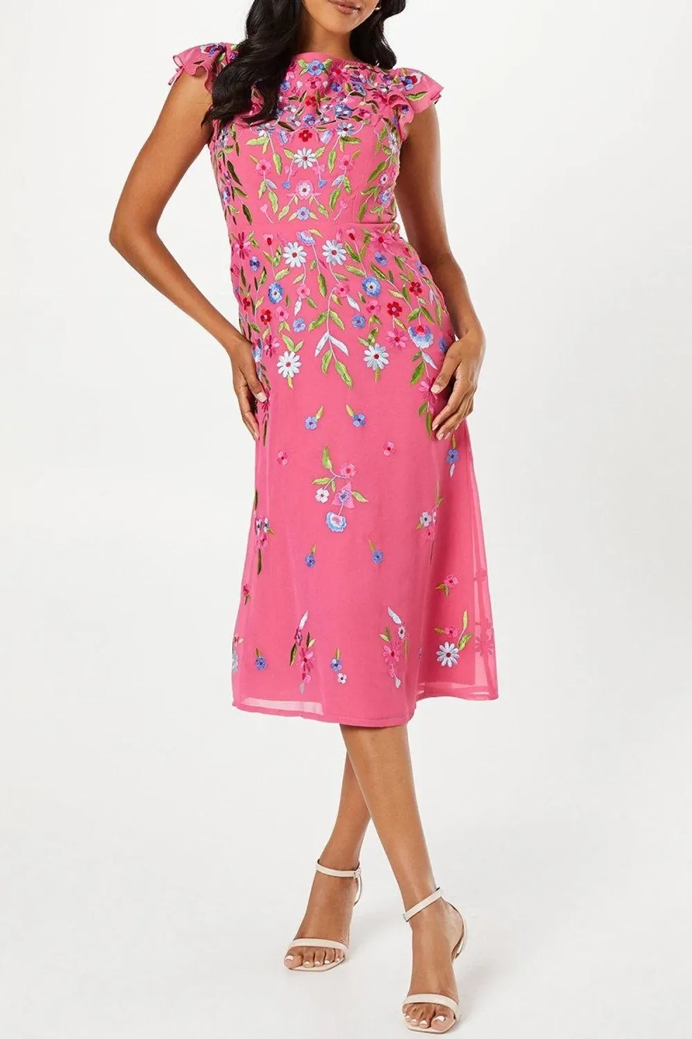 Trailing Embroidered Flutter Sleeve Midi Dress