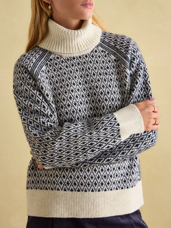 Ingrid Cream/Navy Patterned Jumper with Detachable Roll Neck