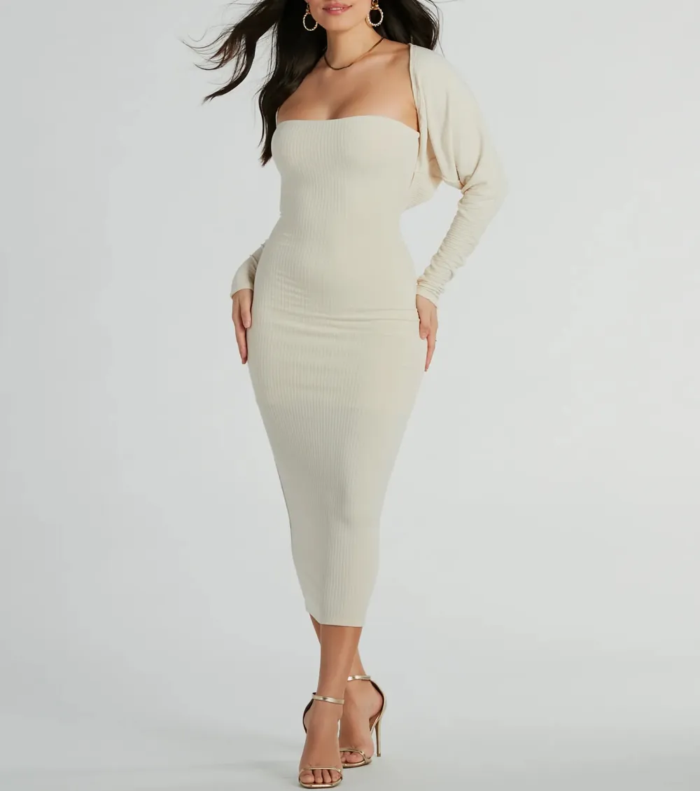 She's The Main Rib Knit Strapless Midi Dress