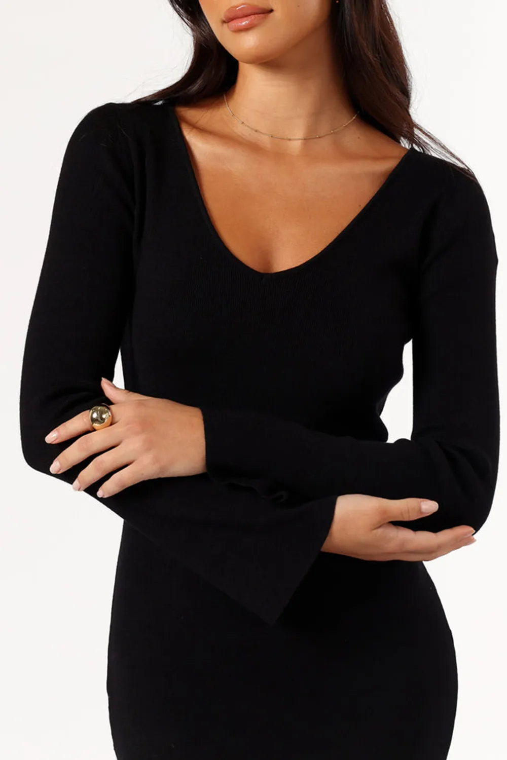 LINA LONG SLEEVE MIDI DRESS - BLACK