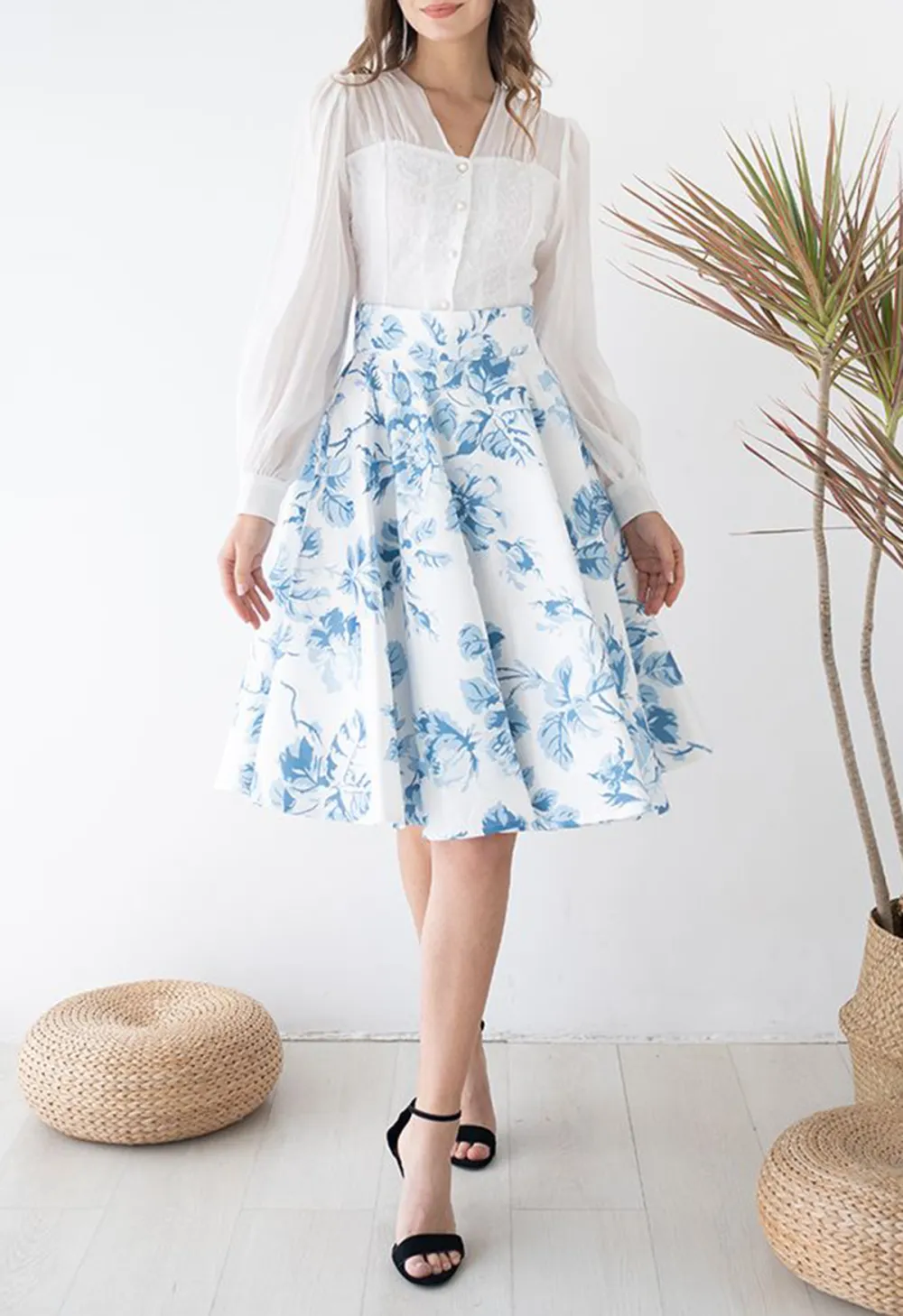 BLUE WATERCOLOR PEONY FLARE MIDI SKIRT