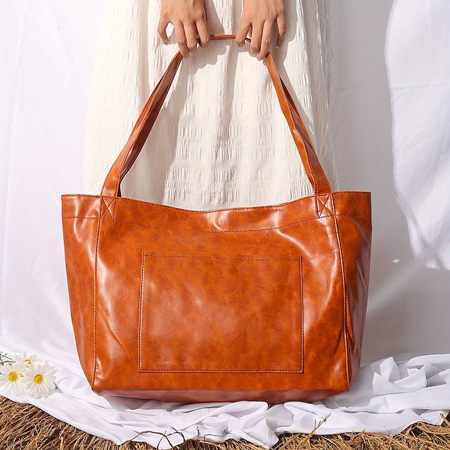 Women's Large Capacity Tote PU Leather Daily Holiday Large Capacity Waterproof Durable Solid Color Black White Yellow