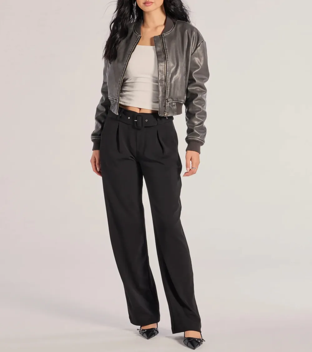 Sleek Impression Belted Straight-Leg Trouser Pants