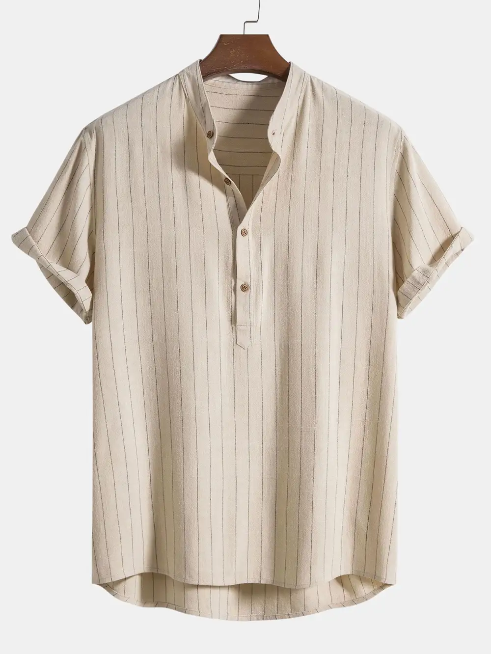 Linen Blend Striped Half Open Placket Henley Collar Shirt & Straight Leg Linen Pants