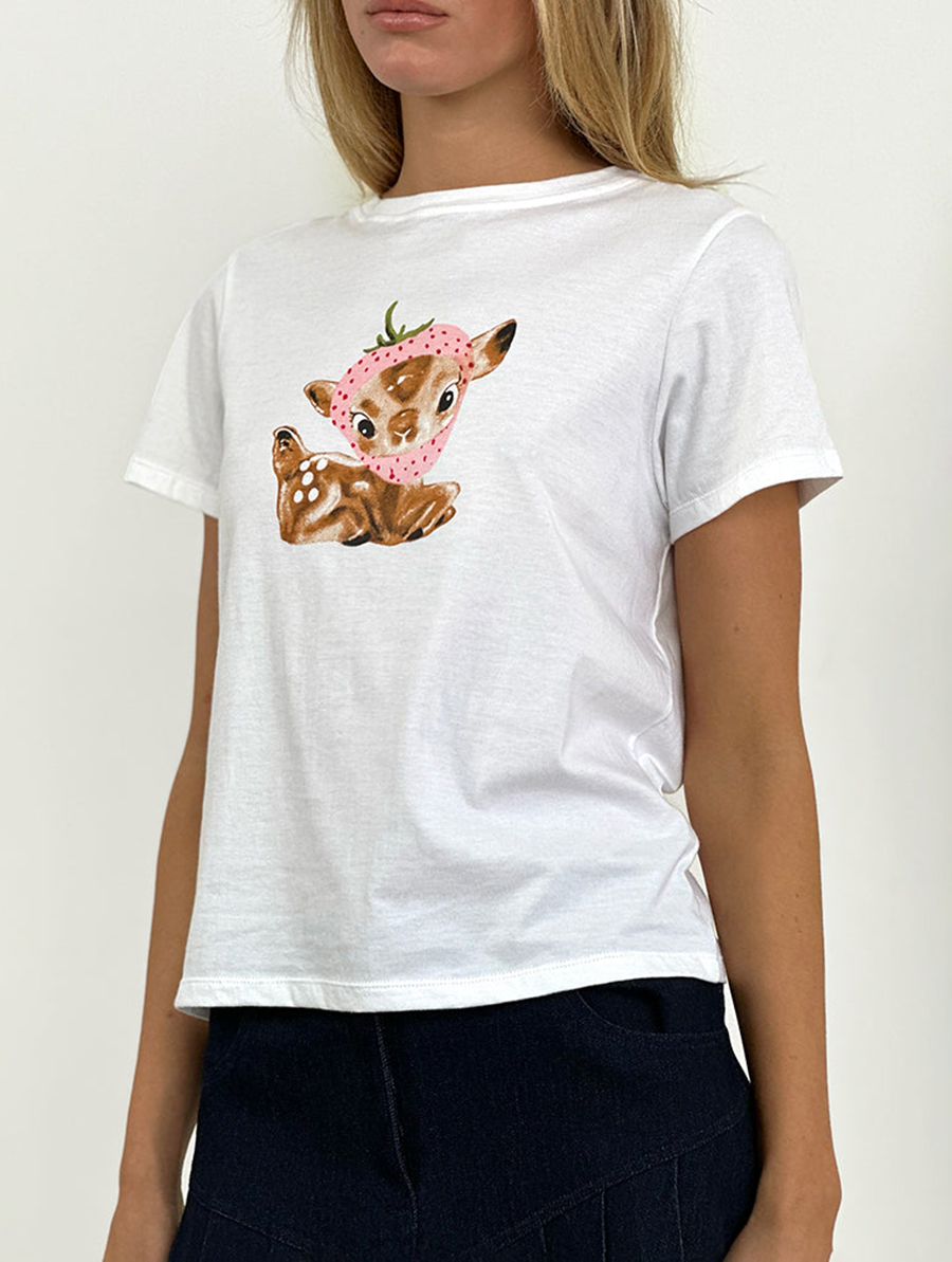 Baby Deer Print White Saki Tee