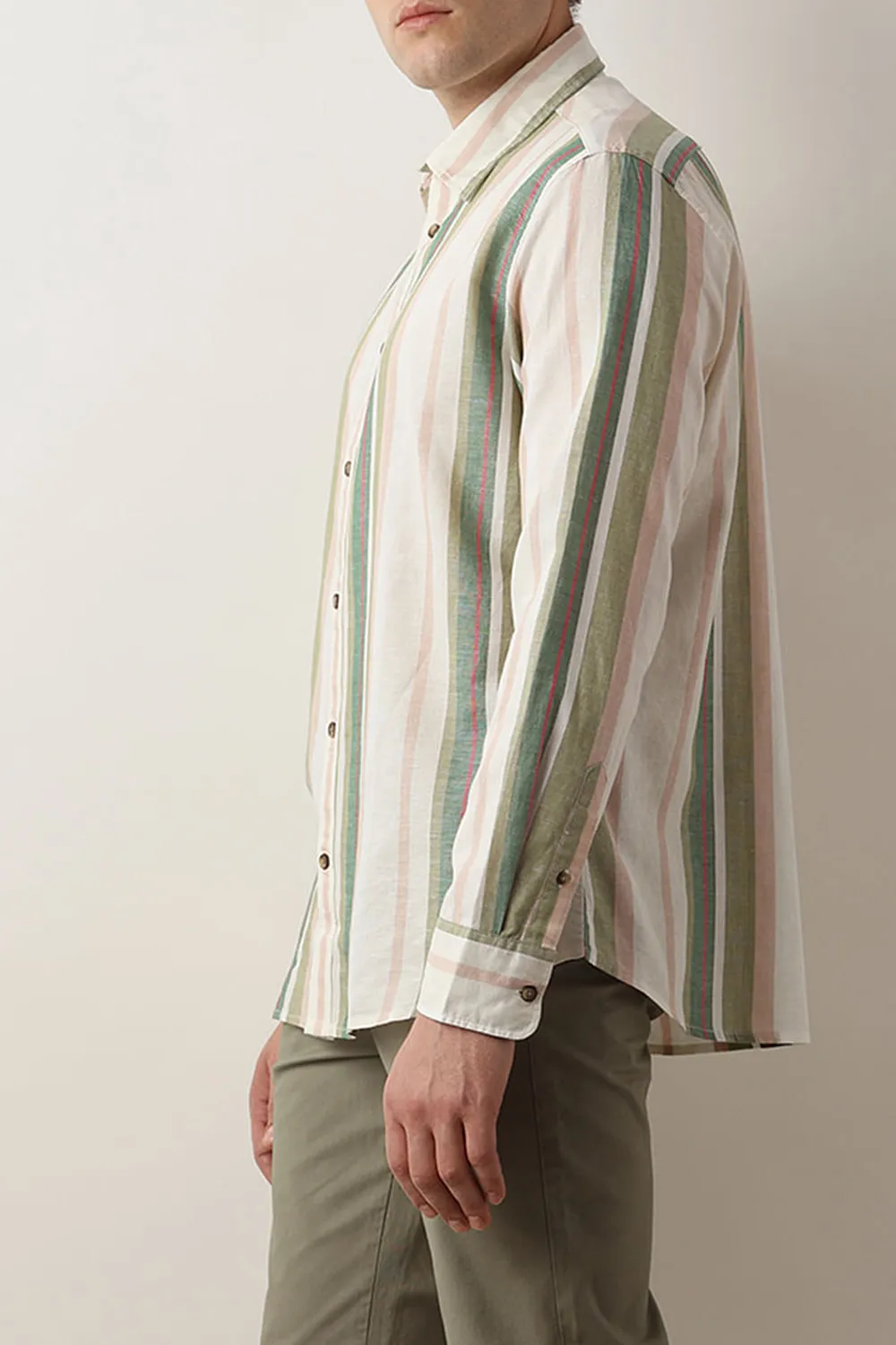 Beige Striped Linen Full Sleeves Shirt