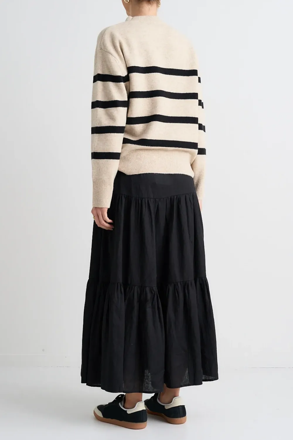 Blazing Black Tiered Linen Midi Skirt