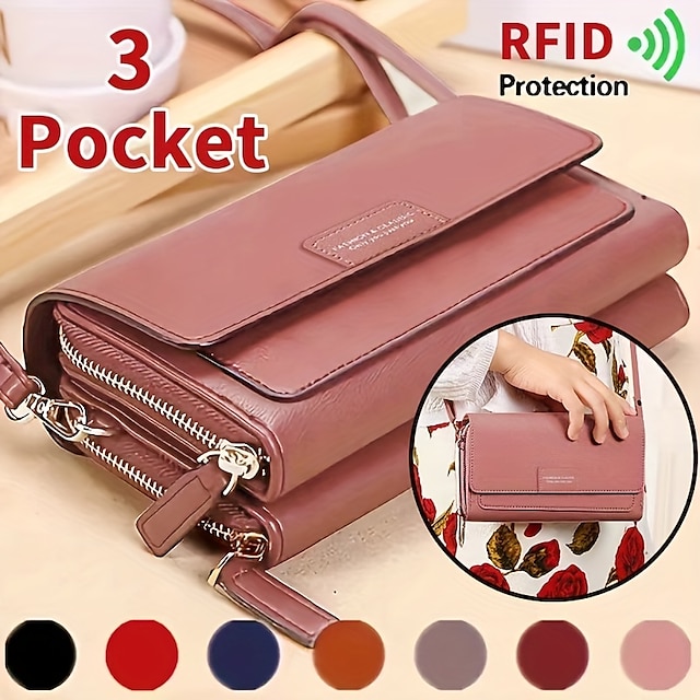 Women's Crossbody Bag Wallet Shoulder Bag Mobile Phone Bag PU Leather Office Shopping Daily Zipper Adjustable Durable Solid Color Letter Dark Brown Black Pink