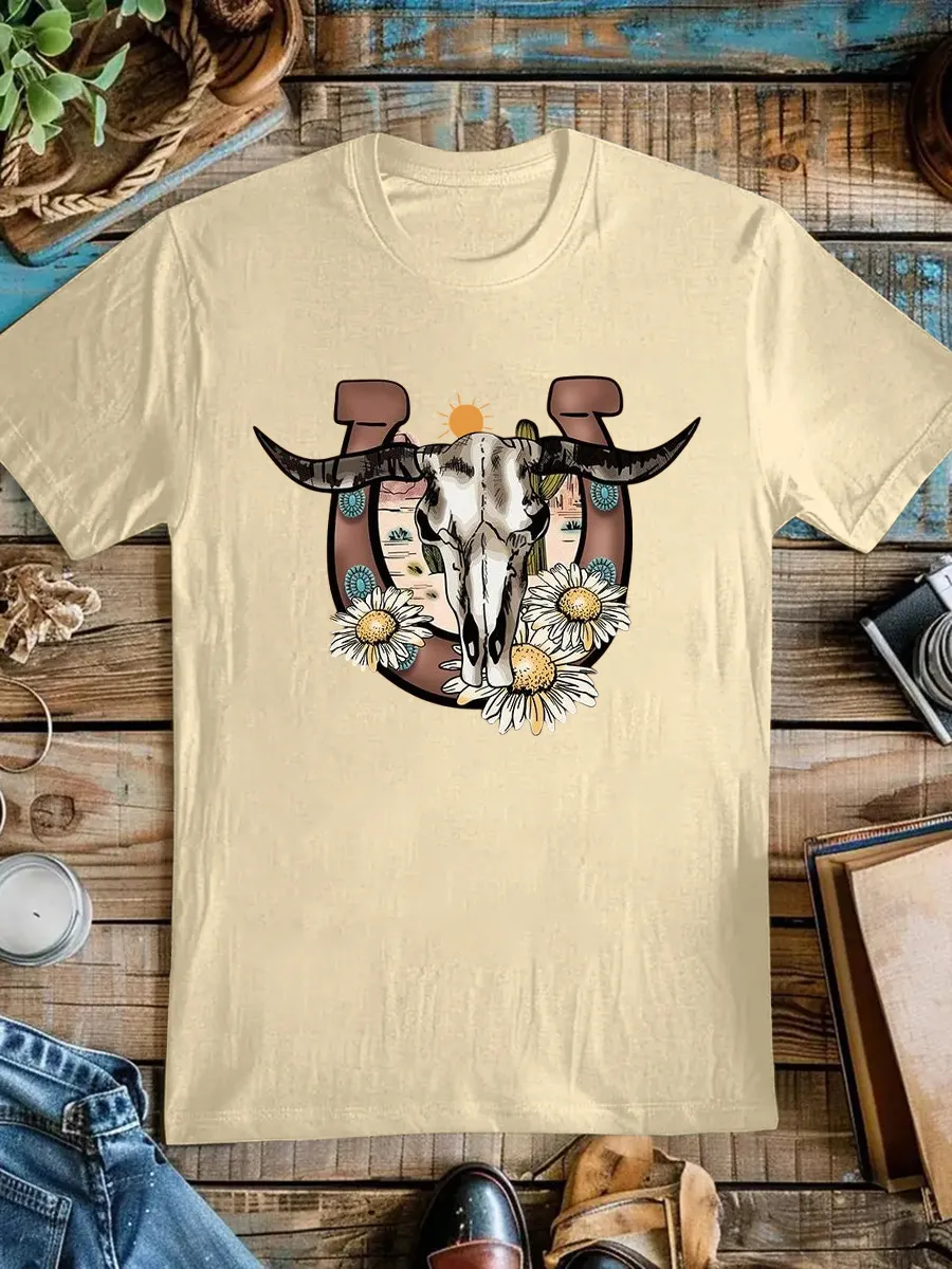 Women Vintage Cow Skull T-shirt