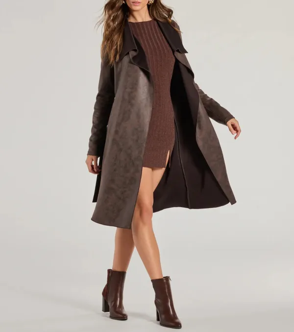 Chic Impression Faux Suede Belted Trench Coat