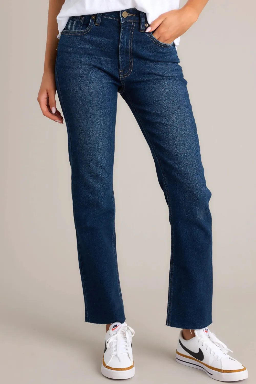 HIGH STANDARDS DARK WASH CROPPED STRAIGHT LEG JEANS