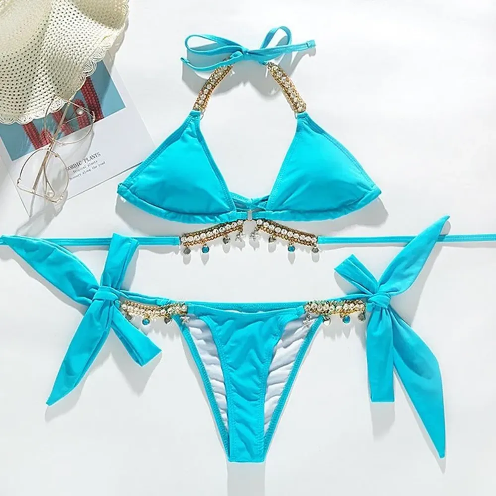 Crystal Rhinestone Detail Triangle Tie Side Halter Bikini